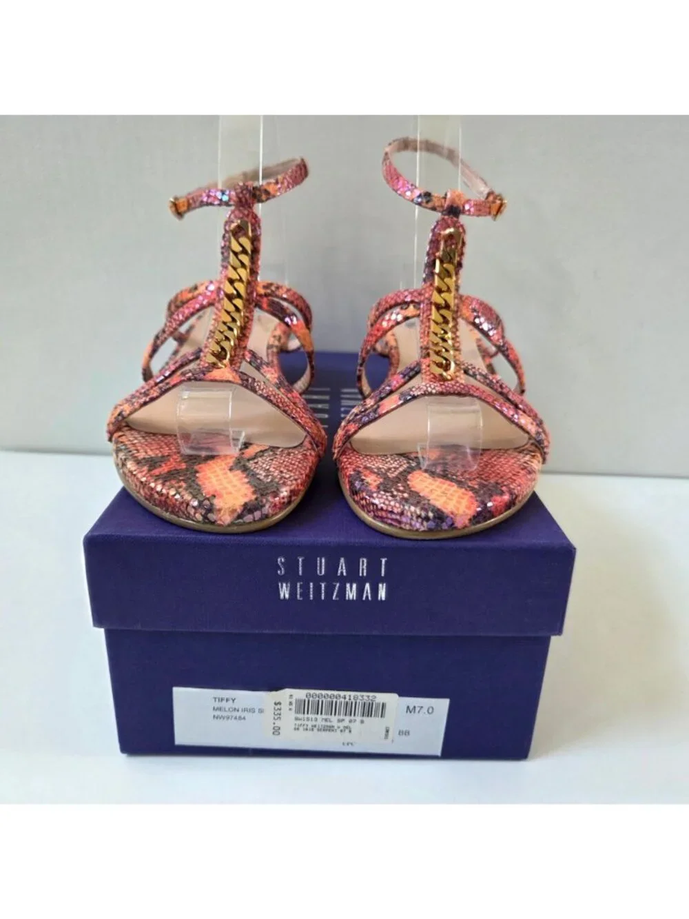 Stuart Weitzman Sandals 7 Pink Melon Tiffy Chain Trim Strappy Leather Wedge NEW
